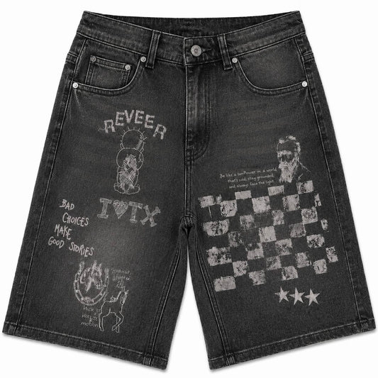 Reveer Checkered Denim Shorts (Black Wash) FC-04S